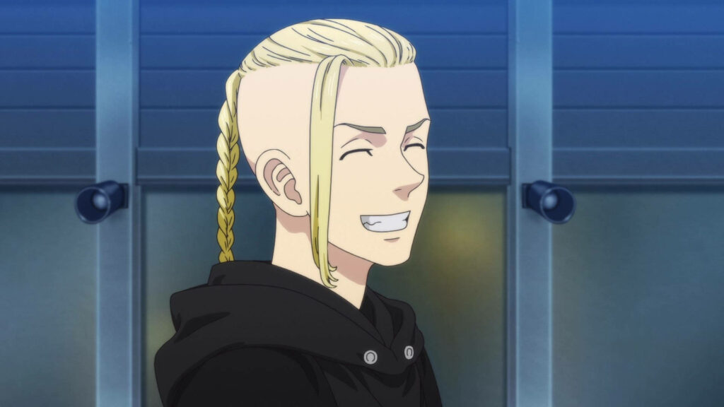 Draken Tokyo Revengers smiling with blond braid undercut vibrant anime art blue background wallpaper