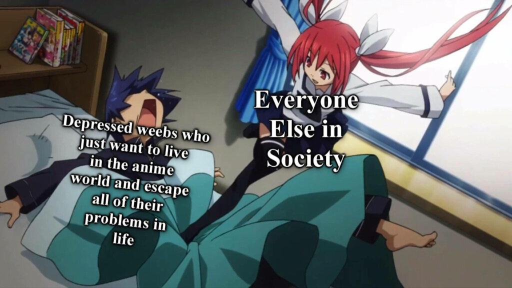 Funny Anime Meme Wallpaper: Weebs vs. Society in Vibrant Art