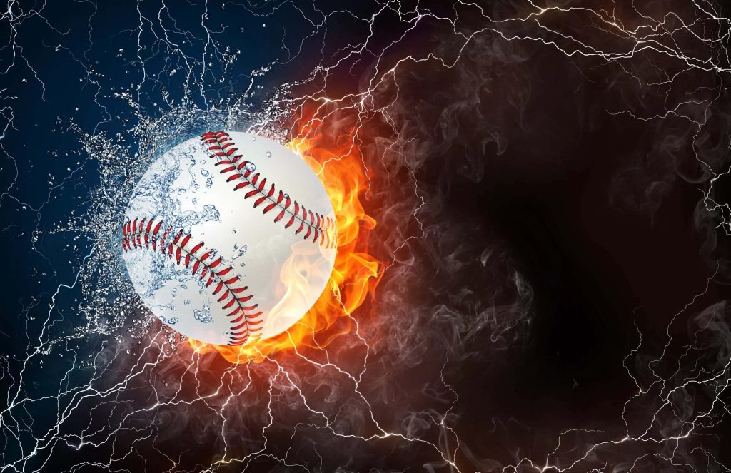 Baseball with water splashes and orange flames on stormy dark background with lightning wallpaper