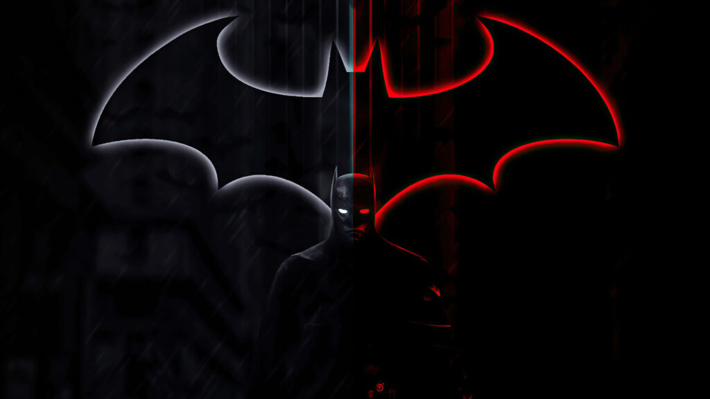 Batman logo split in black and red lines with shadowy Batman figure below on dramatic wallpaper