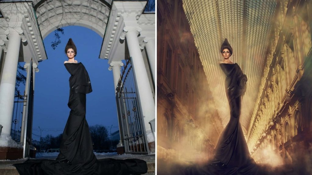 Split image of model in black gown with avant-garde updo and glowing architectural background wallpaper