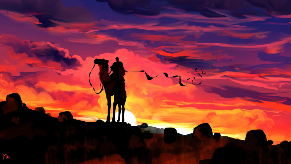 Silhouette of lone rider and camel against vivid orange purple red sunset desert vector art wallpaper