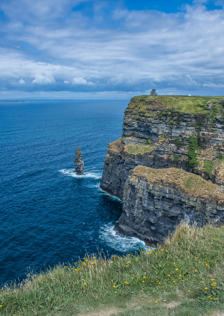 Cliffside overlooking deep blue sea with rugged rocks sea stack green grass wildflowers sky Wallpaper