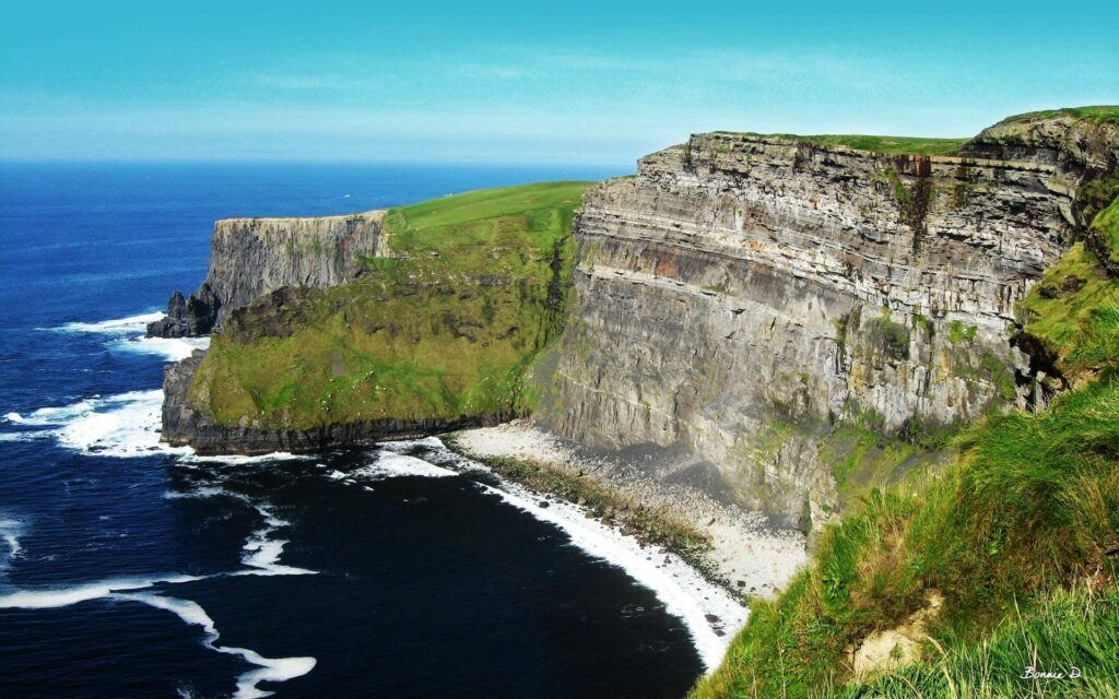 Dramatic coastal cliffs with layered rocks vibrant green grass and dark ocean waves under clear sky Wallpaper