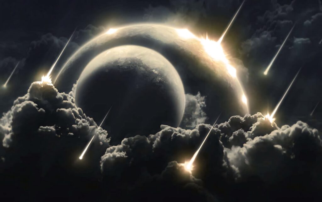 Cosmic Wallpaper: Glowing Celestial Body Amid Dark Clouds & Asteroids