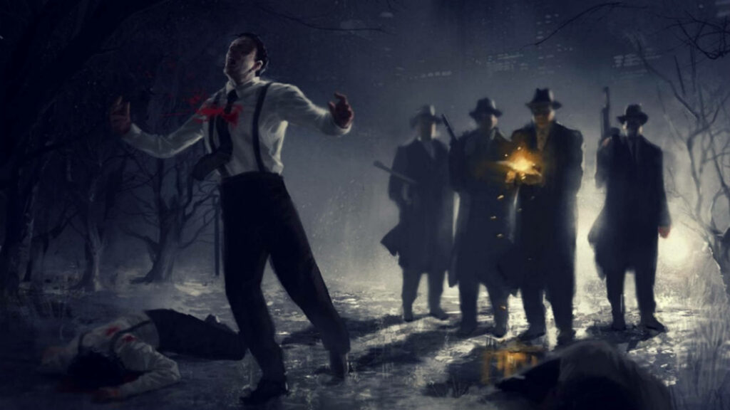 Dark Godfather-Inspired Scene: Armed Men in Ominous Misty Background Wallpaper