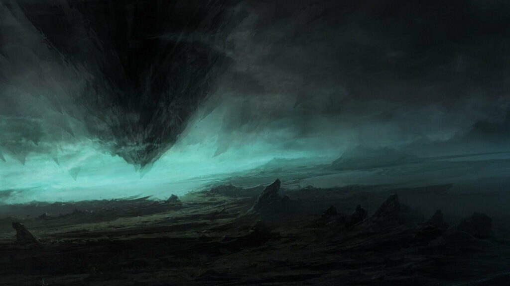 Dark Landscape Wallpaper with Jagged Rocks and Ominous Clouds