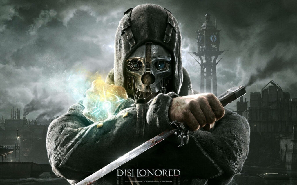 Dramatic Dishonored Wallpaper: Masked Character in Dark Urban Scene