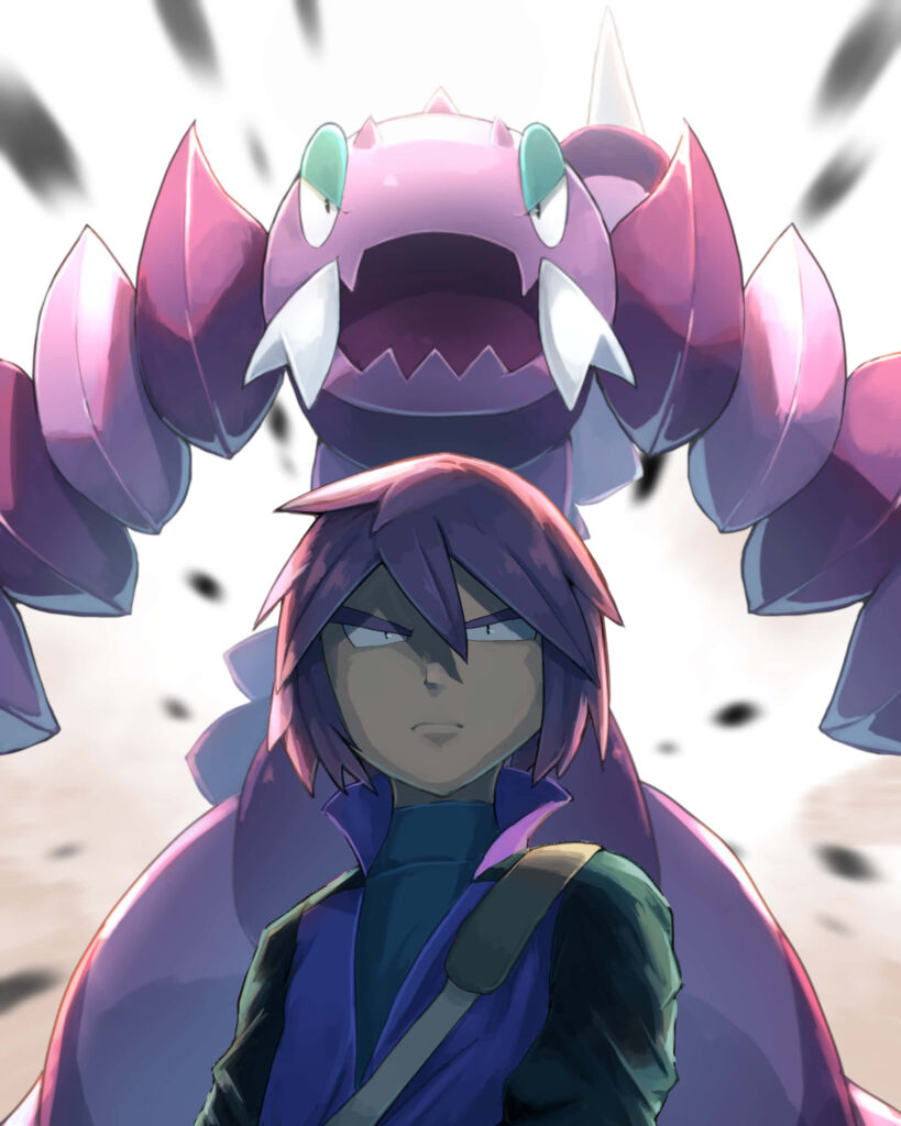 Drapion and trainer in dynamic lighting vibrant purple blue anime style intense bond wallpaper