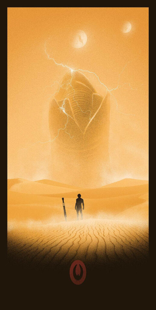 Dramatic Dune-Inspired Wallpaper: Hero vs. Monster in Desert