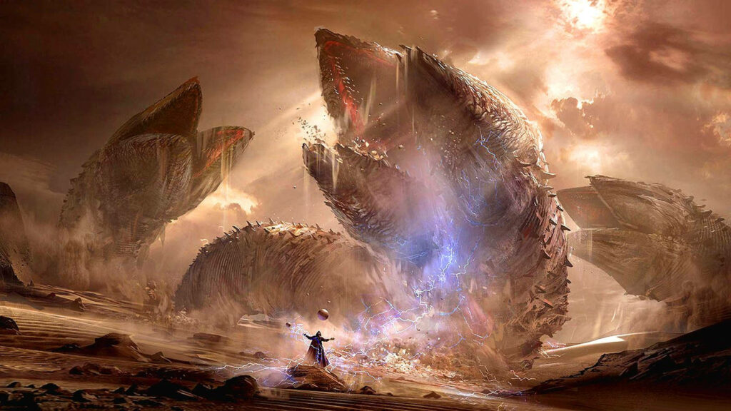 Dramatic Dune-Inspired Wallpaper: Epic Sandworms in Desert Scene