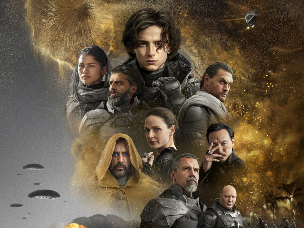 Dramatic Dune Characters Wallpaper - Epic Sci-Fi Desert Background