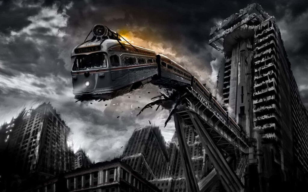 Suspended Train Wallpaper: Dystopian Urban Drama & Tension