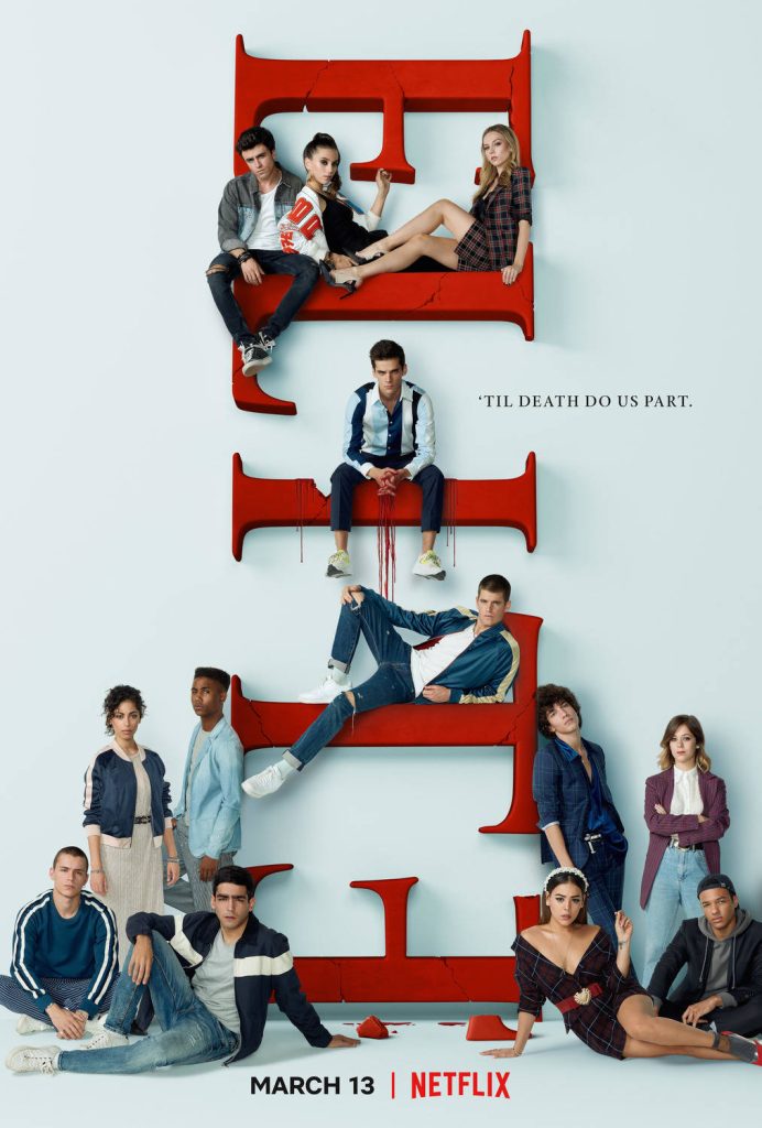 Dramatic Elite Season 3 key art with Netflix cast around cracked red letters and blood theme Wallpaper