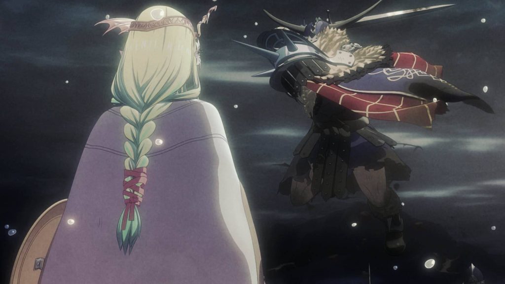 Fire Emblem Three Houses wallpaper with Dimitri leaping in battle and Sothis watching dark scene