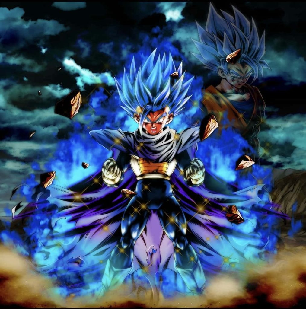 Gohan in blue aura transformation with stormy sky and ghostly Goku silhouette anime wallpaper