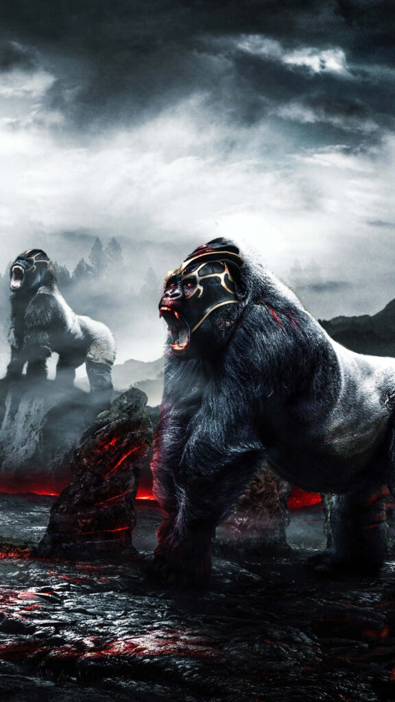 Primal Gorillas in Volcanic Landscape - Dramatic Wallpaper Background