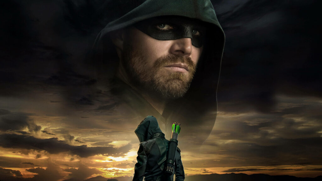 Dynamic Green Arrow Wallpaper: Iconic Archer in Sunset Background