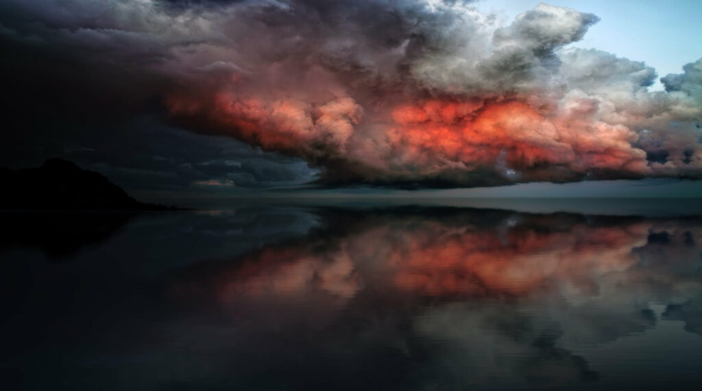 HD Wallpaper: Ominous Red-Tinged Storm Clouds Over Calm Ocean