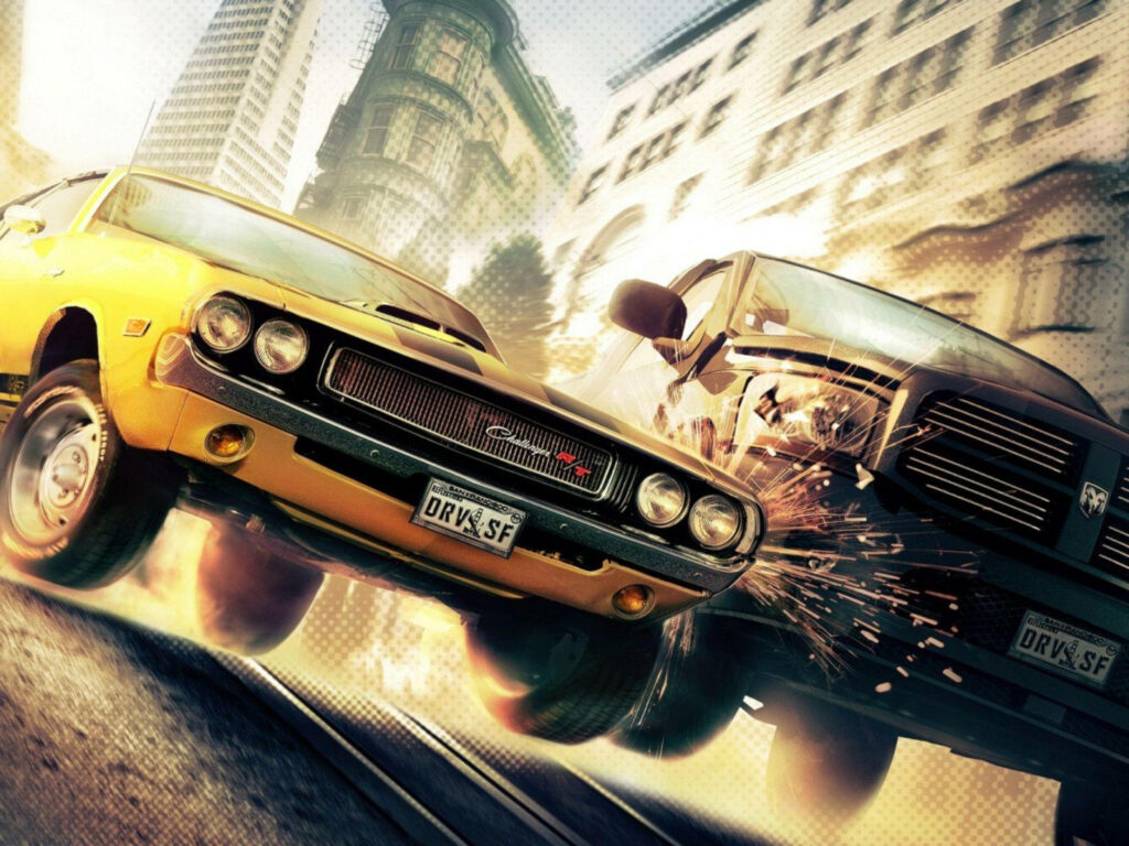 High speed collision between yellow muscle car and black SUV with sparks in cityscape background Wallpaper