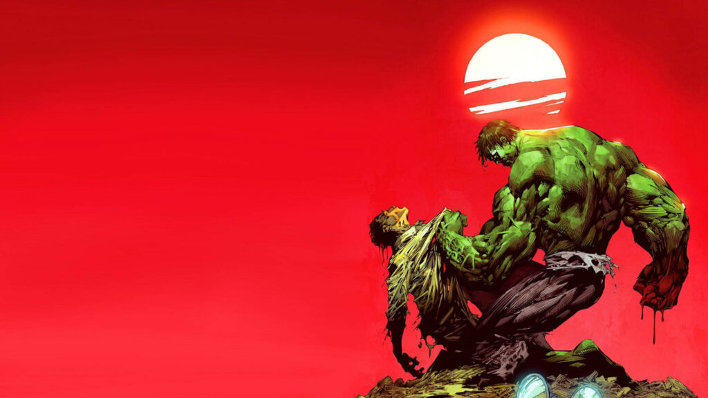 Intense Hulk vs. Bruce Banner Wallpaper: Dramatic Red Background
