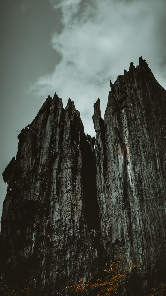 Jagged rock formations with dark textures and orange bushes under a cloudy moody sky wallpaper
