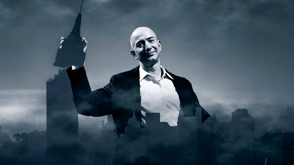 Jeff Bezos Dramatic Wallpaper: Cityscape & Clouds Background