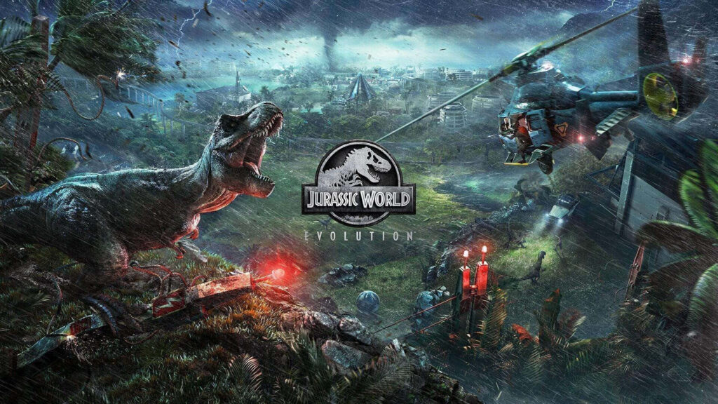 Thrilling Jurassic World Evolution Wallpaper: Dino Encounter in Storm