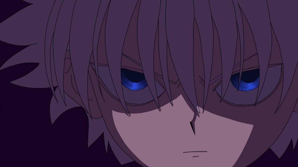 Close-up of Killua Zoldyck Hunter x Hunter wallpaper with spiky silver hair and violet shadows
