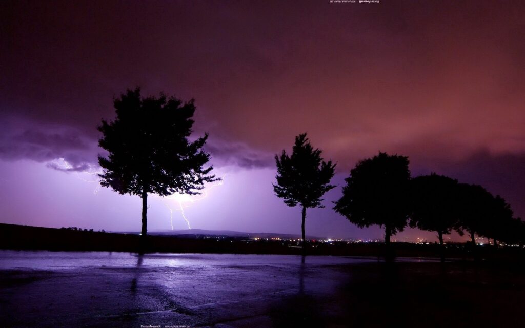 Jagged lightning strikes a dark cloudy sky over silhouetted trees and glowing distant city lights Wallpaper