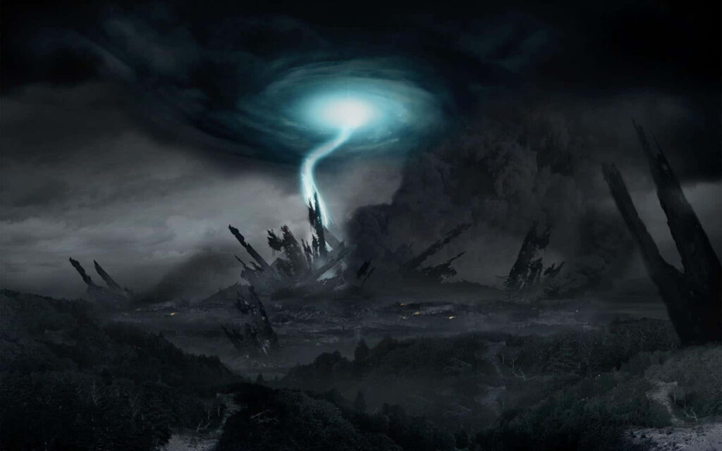 Dynamic Blue Lightning Vortex Over Rugged Mountain Landscape Background Wallpaper