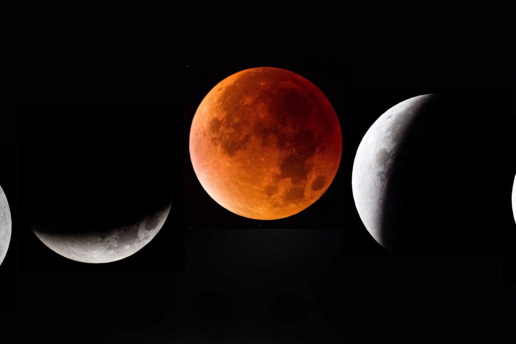 Lunar eclipse wallpaper showing moon phases from silver glow to deep red totality on dark sky background