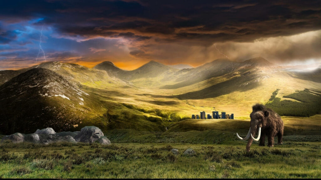 Dramatic Mammoth Wallpaper: Majestic Prehistoric Landscape Scene