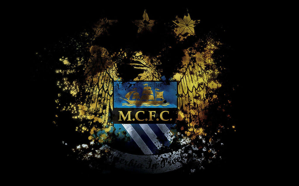 Manchester City eagle logo crumbling and fading on dark artistic wallpaper background