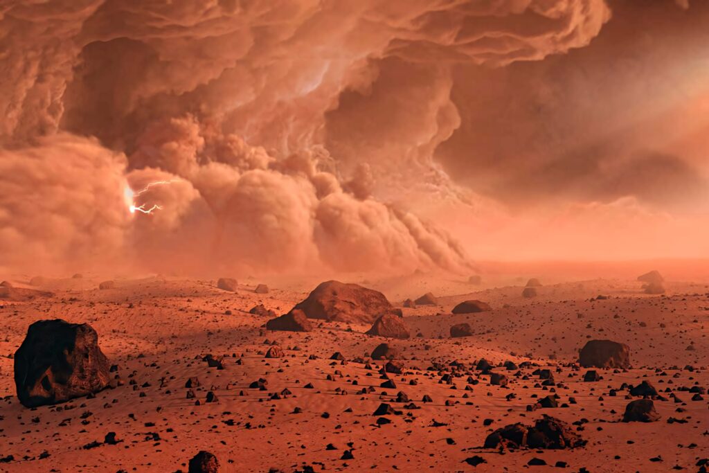 Marslike dust storm with swirling reddish clouds and lightning over barren rocky landscape wallpaper