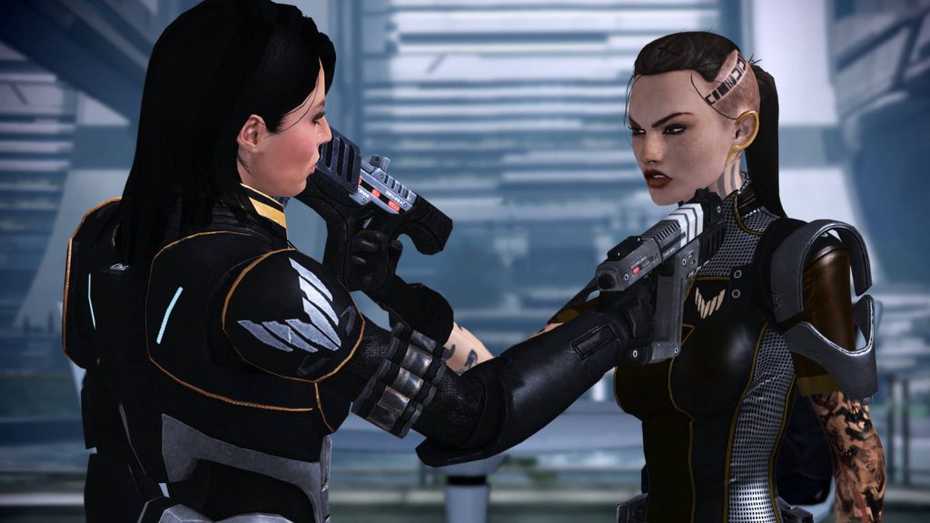 Miranda Lawson and Jack tense standoff in futuristic Cerberus facility Mass Effect 2 wallpaper