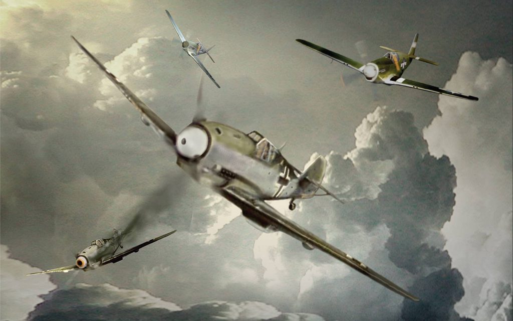 Messerschmitt Bf 109 WWII fighters flying through dark stormy clouds cinematic aviation wallpaper