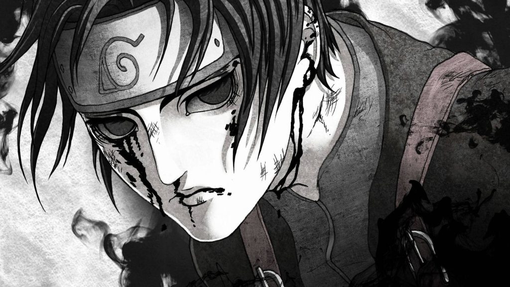 Monochrome anime wallpaper of Sai from Naruto with ink-wash style and Leaf Village headband