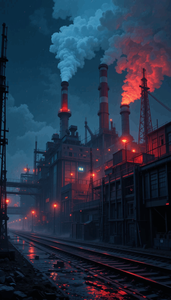 Nighttime industrial factory with blue red lights smokestacks smoke wet tracks cyberpunk wallpaper