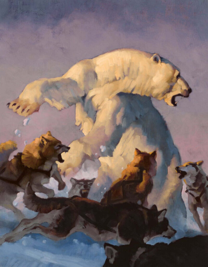 Polar Bear vs. Sled Dogs: Tense Wilderness Encounter Wallpaper