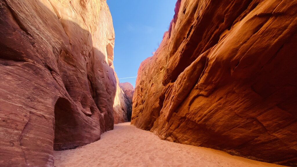 Dramatic canyon landscape with towering red rock walls and sunlit sandy path wallpaper background
