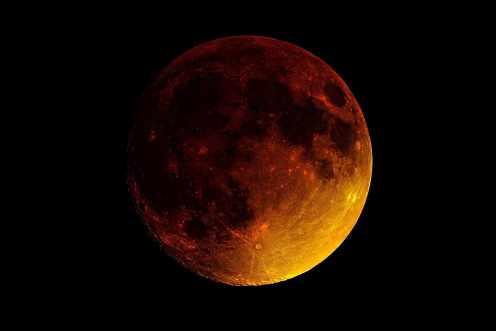Close-up of a vibrant red and orange lunar eclipse moon with detailed textured surface against black sky Wallpaper