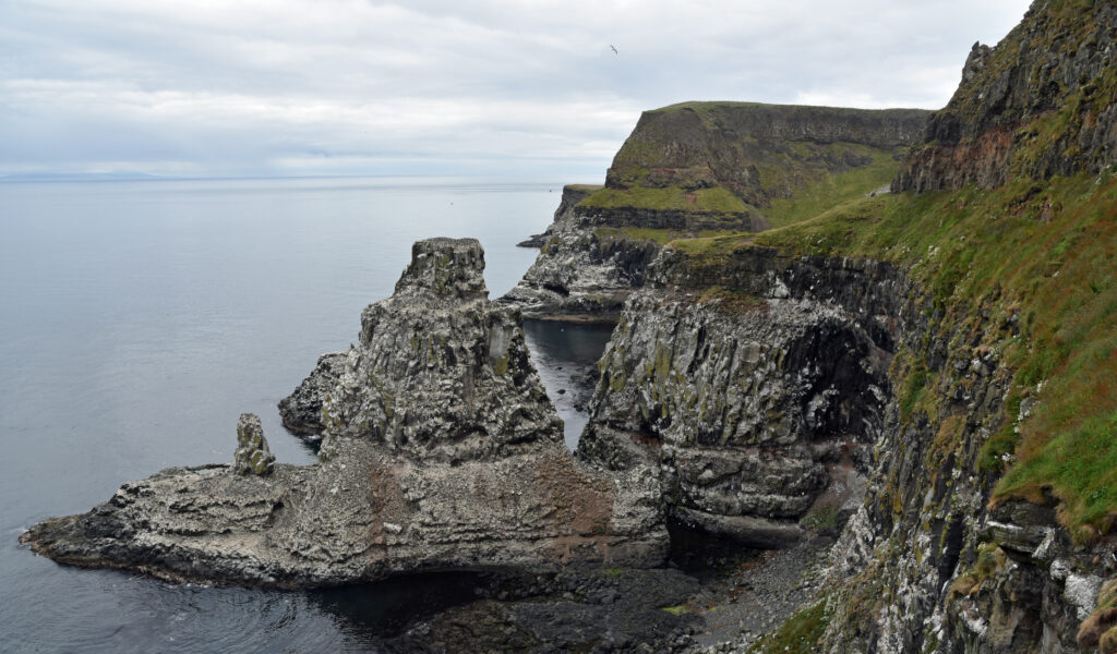Dramatic rocky cliffs and sea stacks with lush grass over calm ocean under moody coastal sky Wallpaper