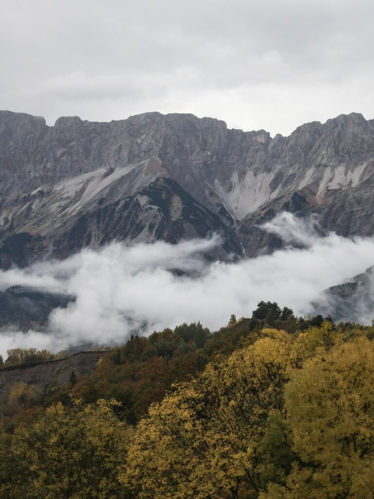 Rocky mountains above clouds with vibrant autumn forest and muted sky serene landscape wallpaper