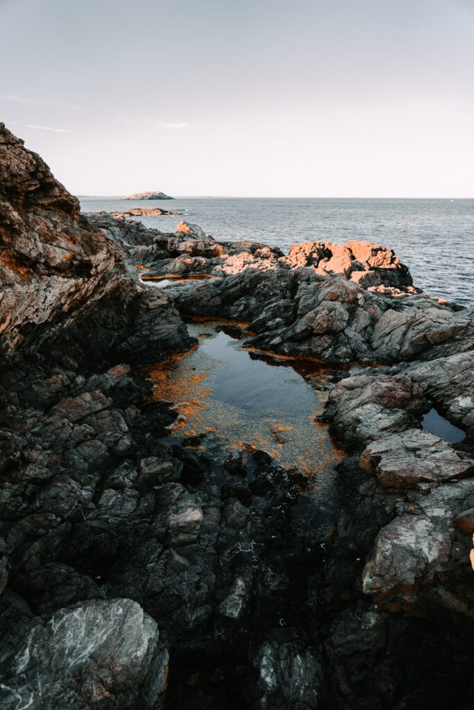 Rugged rocky coastline with gentle sea waves and warm sunlight highlighting textured stones Wallpaper