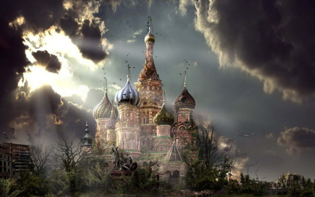 Saint Basils Cathedral Moscow with colorful domes under dark clouds and sun rays wallpaper