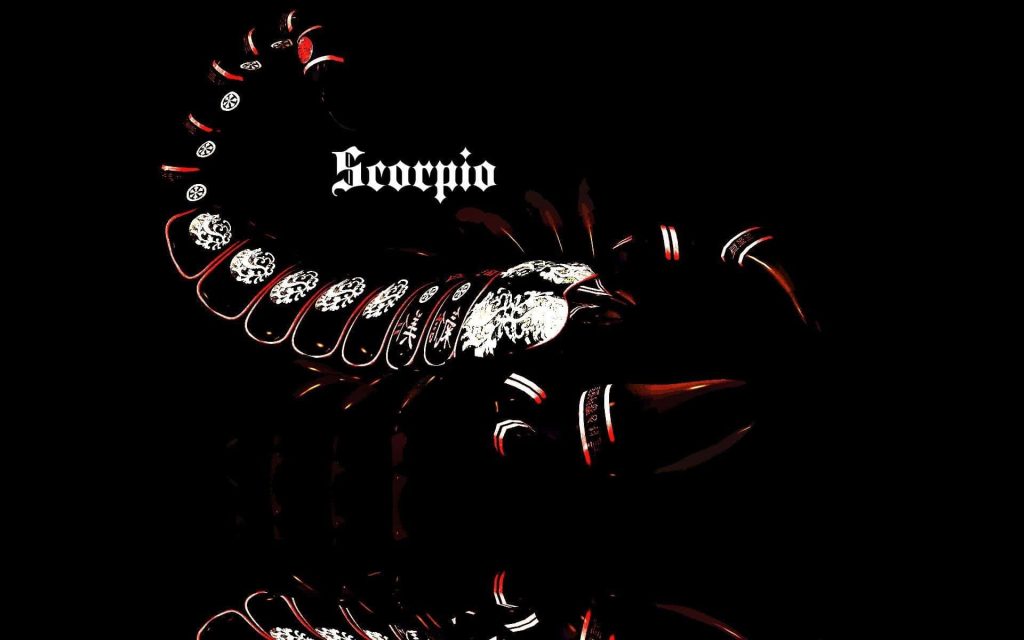 Dramatic Scorpio wallpaper with stylized scorpion, intricate white patterns, glowing red accents