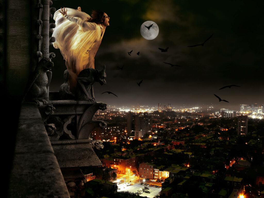 Screaming vampire on gothic rooftop under moonlight with bats over glowing cityscape at night Wallpaper