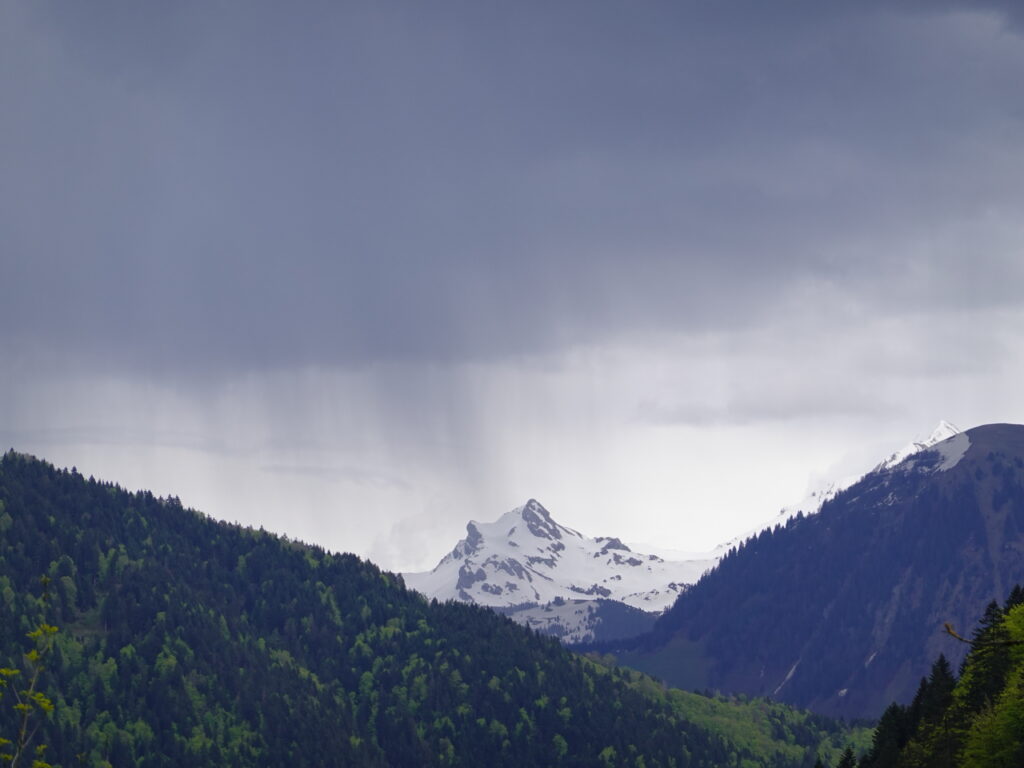 Snow-capped mountain peak with rain mist lush green forest rolling hills and moody overcast sky wallpaper