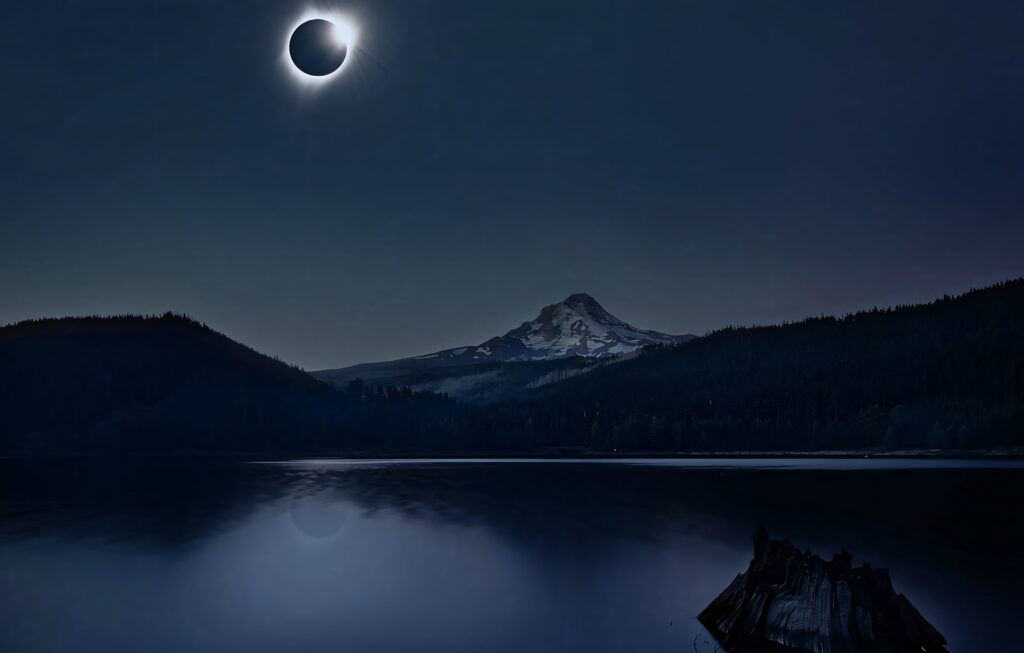 Solar eclipse over tranquil lake with mountain silhouette and tree stump at dusk wallpaper background